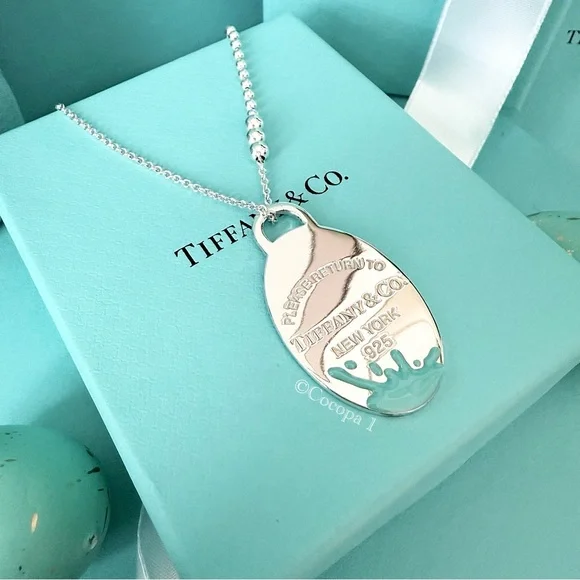 🩵 Tiffany & Co. 🎨 RARE Return To Tiffany Blue Splash Tag Oval Pendant 🤍 - Picture 3 of 15